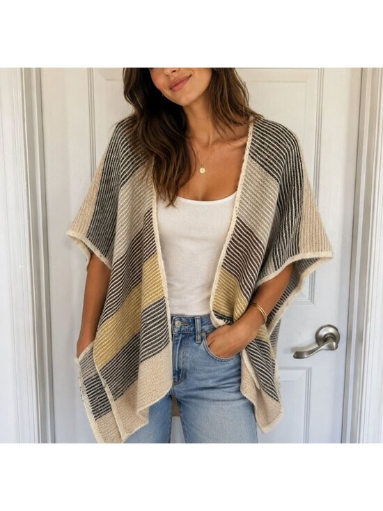 Coco + Carmen Sweaters - Coco + Carmen Knit Kimono Poncho Sweater Cardigan Soft Cream Boho Neutral OS